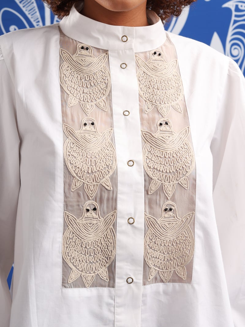White Mandarin Collar Shirt with Embroidered Front Panels