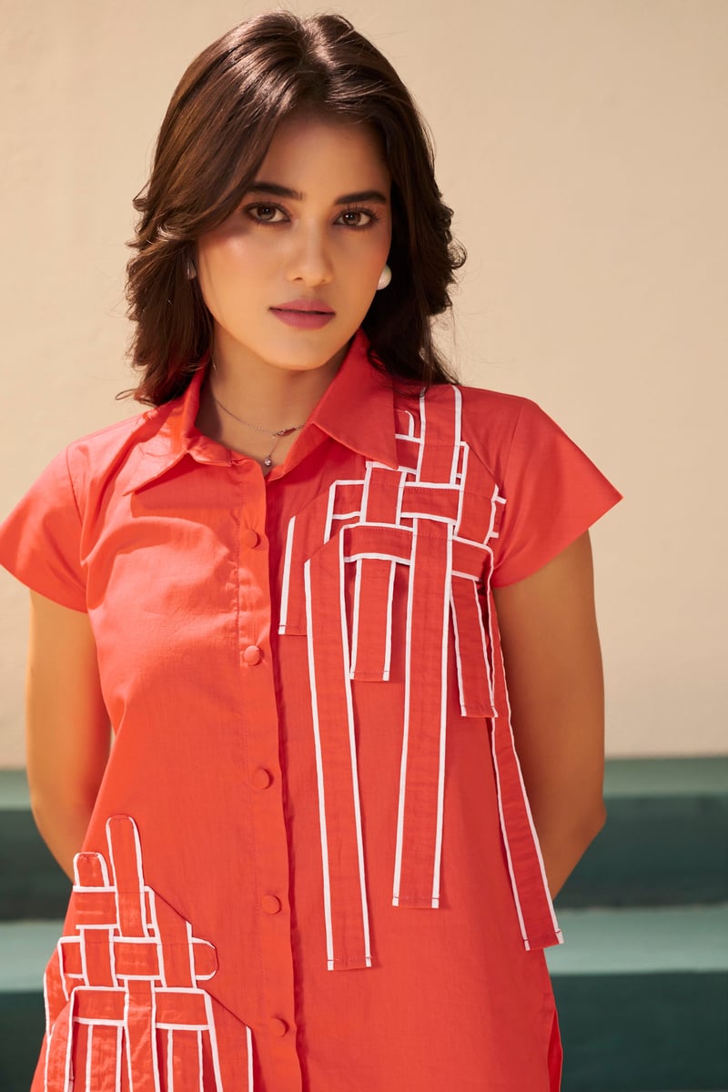 Coral Shirt and White Straight Trousers Co-ord Set