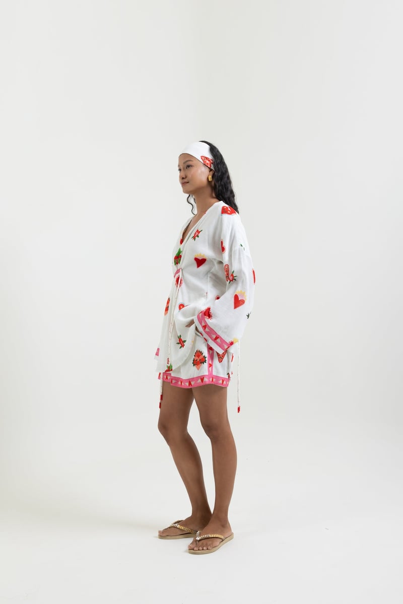 White Heart Print V-Neck Drawstring Waist Top