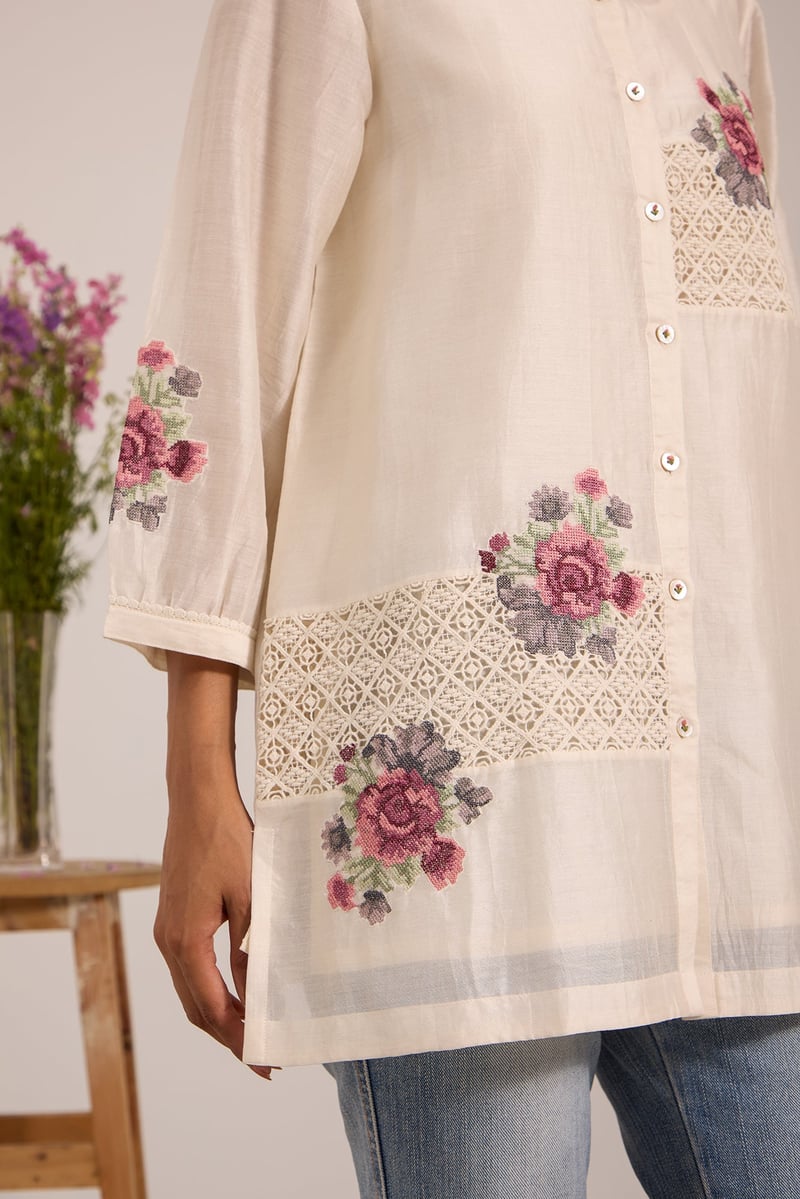 Off-White Sheer Chanderi Lace Panel Button-Down Shirt
