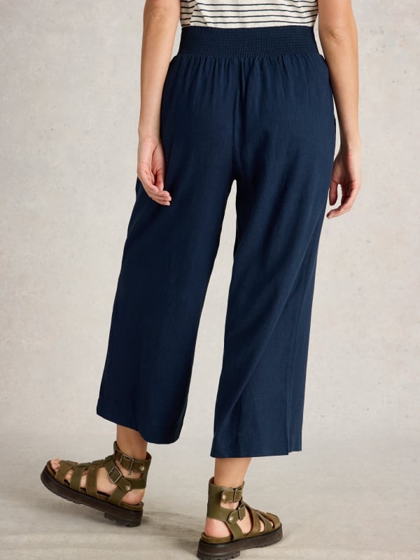 Dark Navy Pull-On Culotte Trousers with Smocked Waist