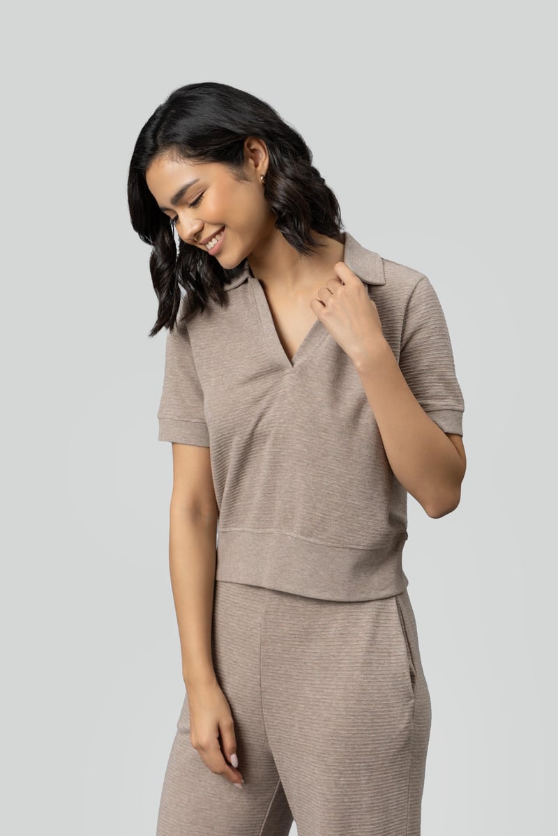 Beige Ottoman Rib Cropped Polo Top