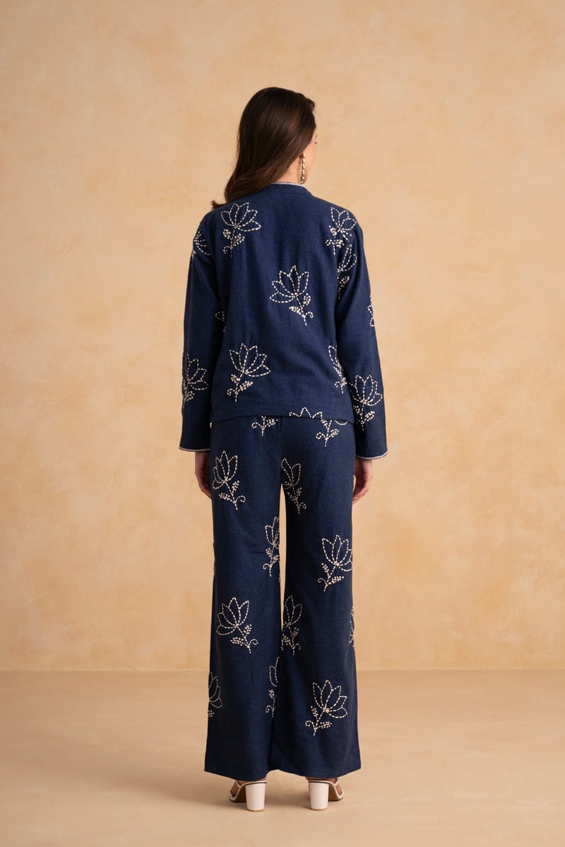 Dark Blue Embroidered Zip-Up Jacket and Pant Co-ord Set