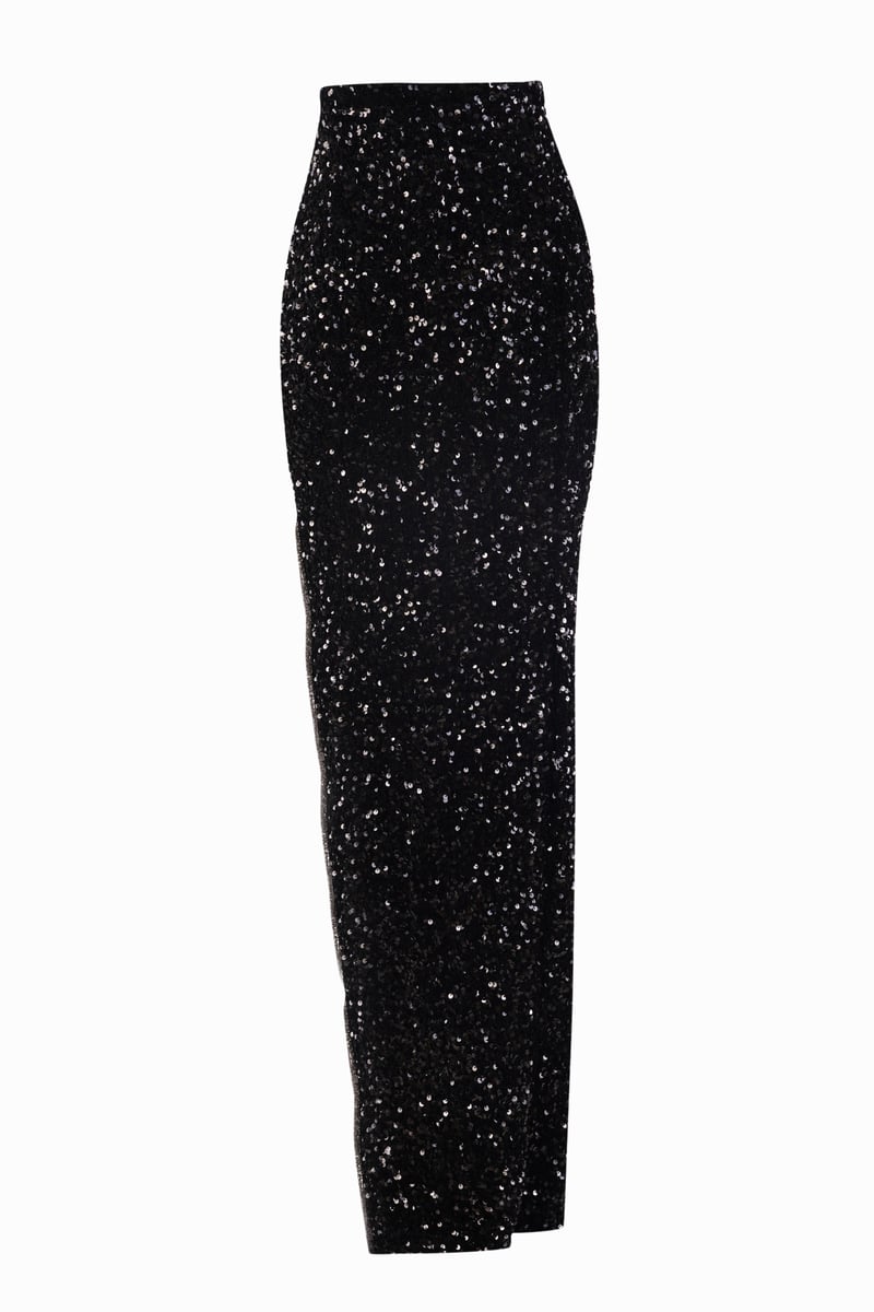 Black Sequin Maxi Pencil Skirt with Asymmetric Slit