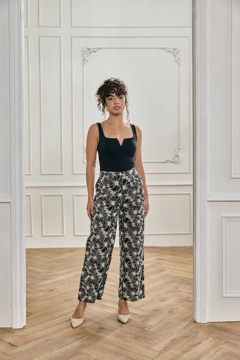 Black Schiffli Embroidered Wide-Leg Cotton Trousers — Style Island