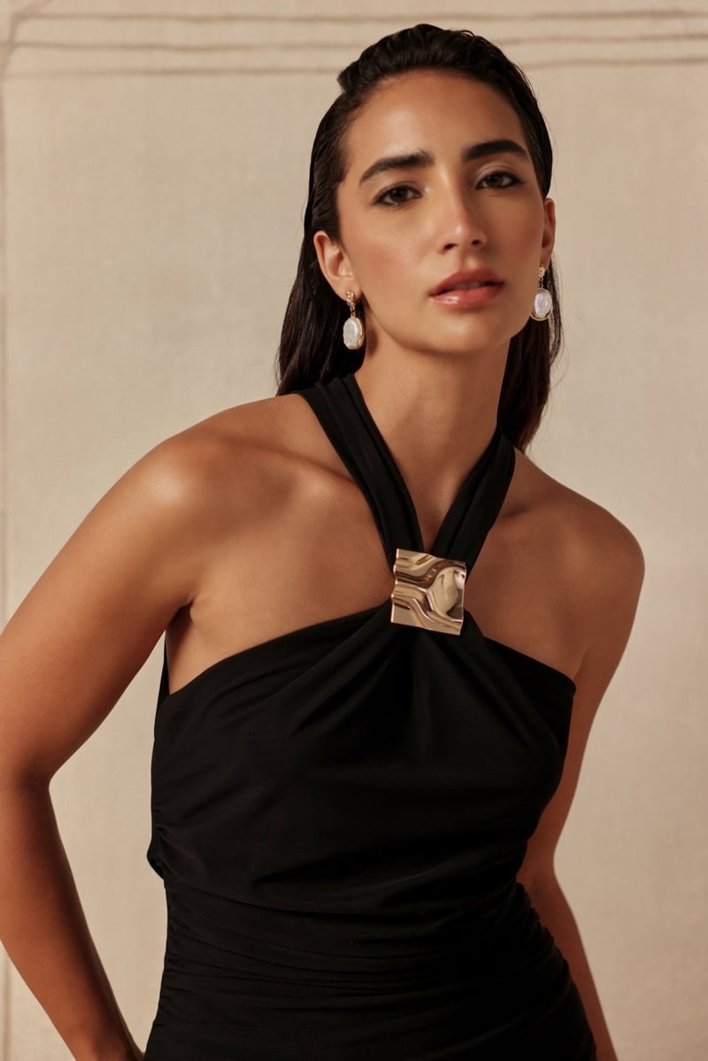 Black Halter Neck Maxi Dress with Gold Accent