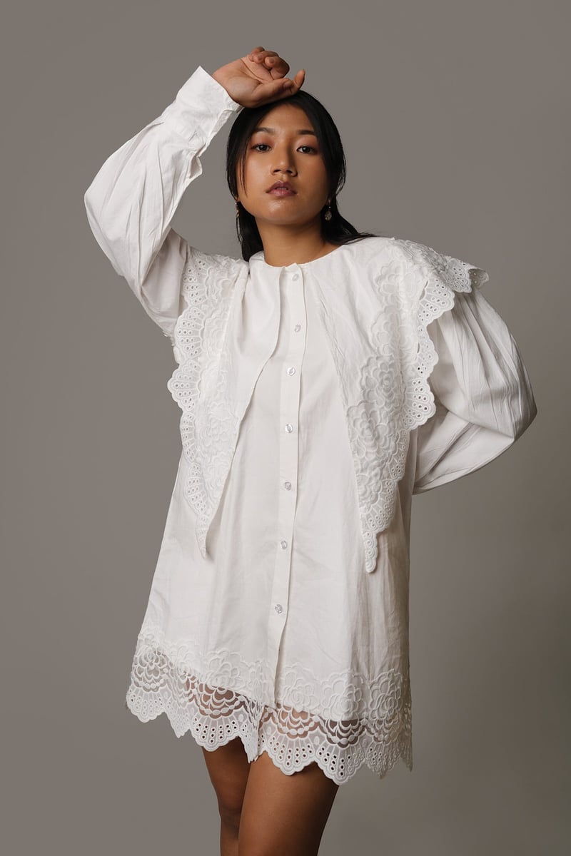 White Cotton Mini Shirtdress with Scalloped Eyelet Overlay