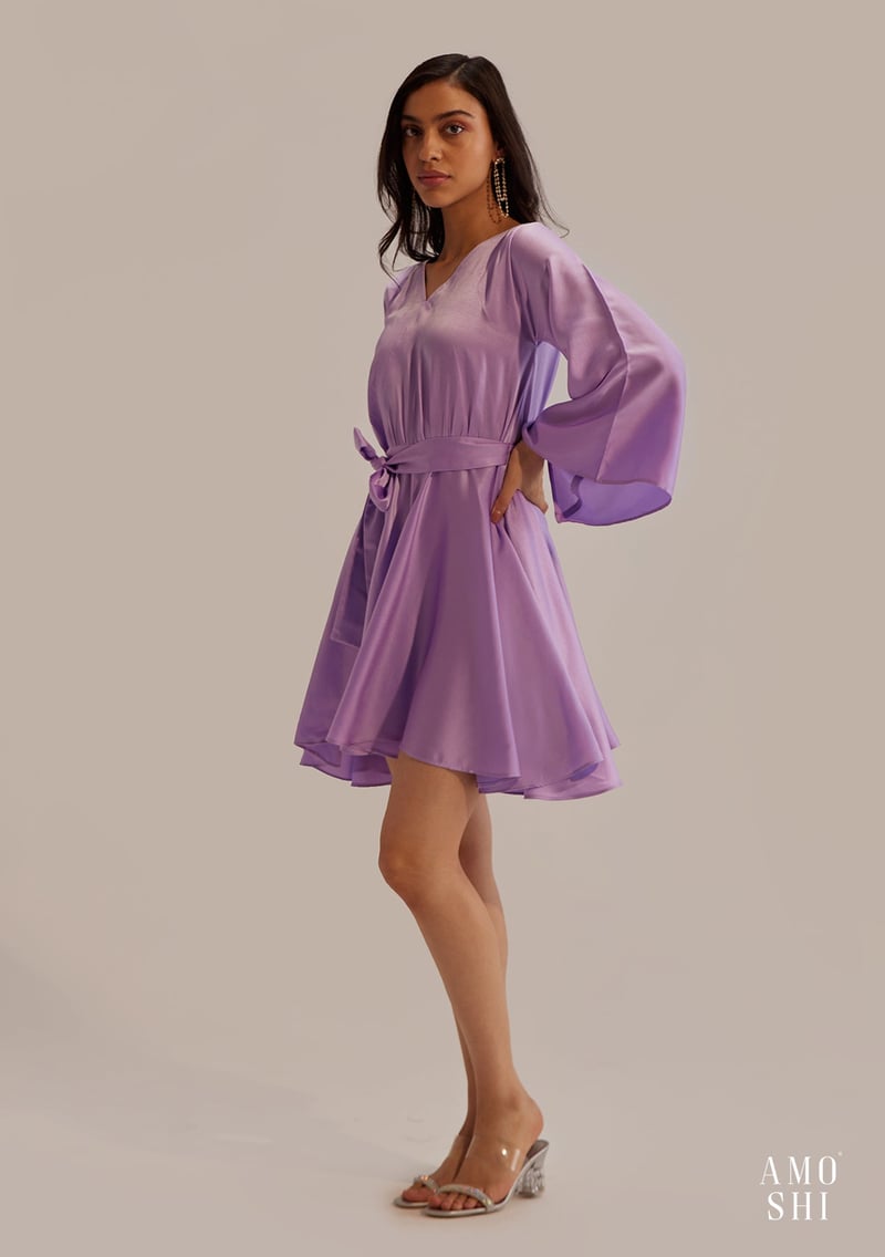 Lilac Satin Fit and Flare Mini Dress with Belt