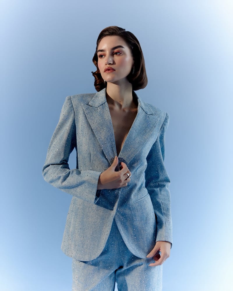 Light Blue Denim Rhinestone Blazer and Trouser Co-ord Set