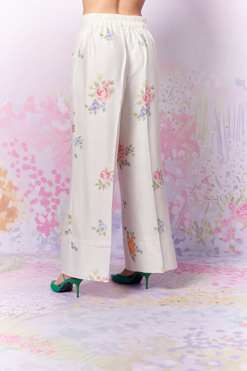 White Chanderi Silk Floral Wide-Leg Trousers