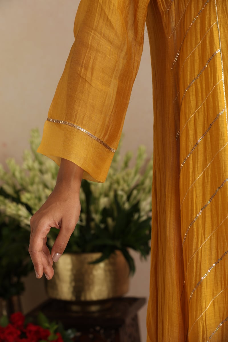Mustard Yellow Silk Chanderi A-Line Kurta Set