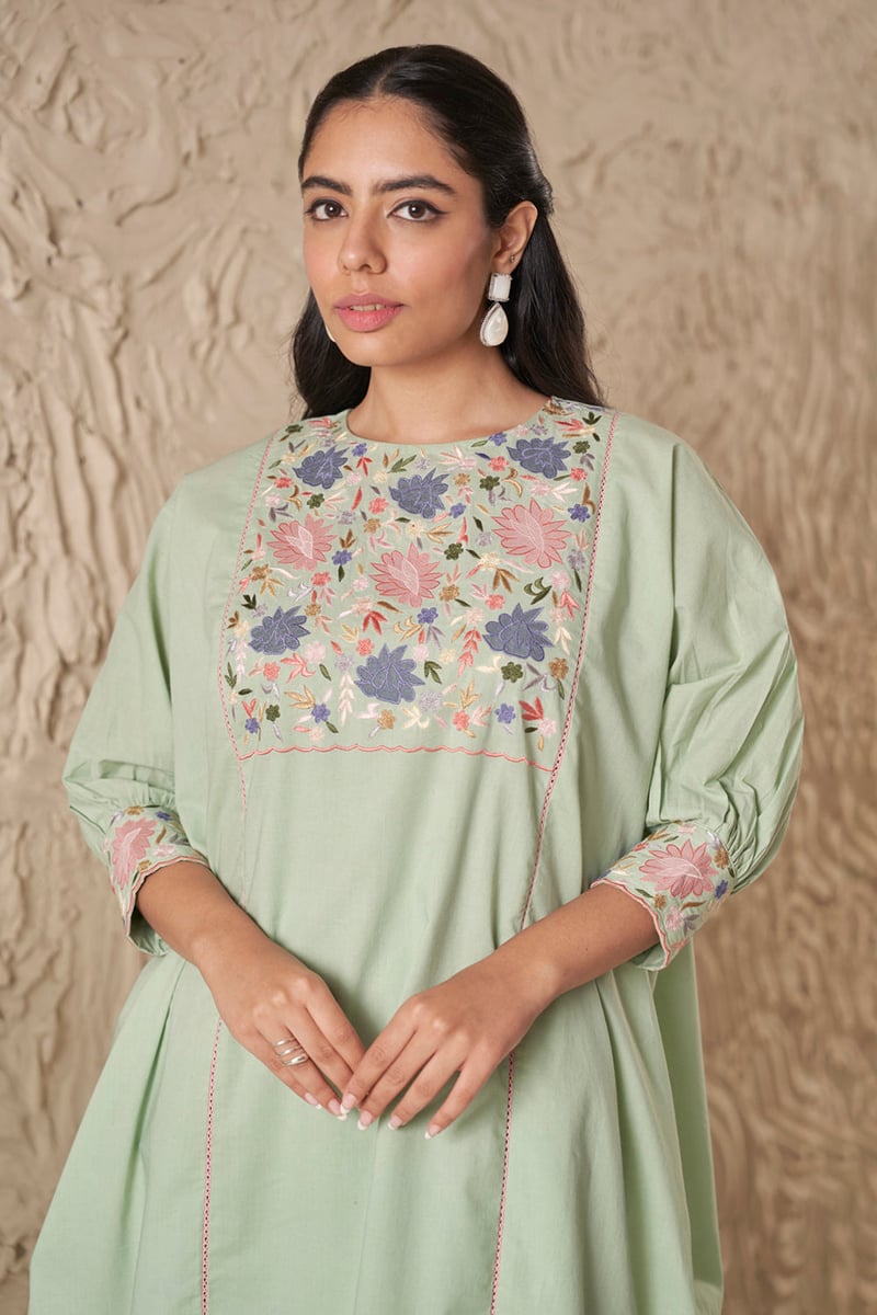 Mint Green Mul Mul Kaftan-Style Kurta Set