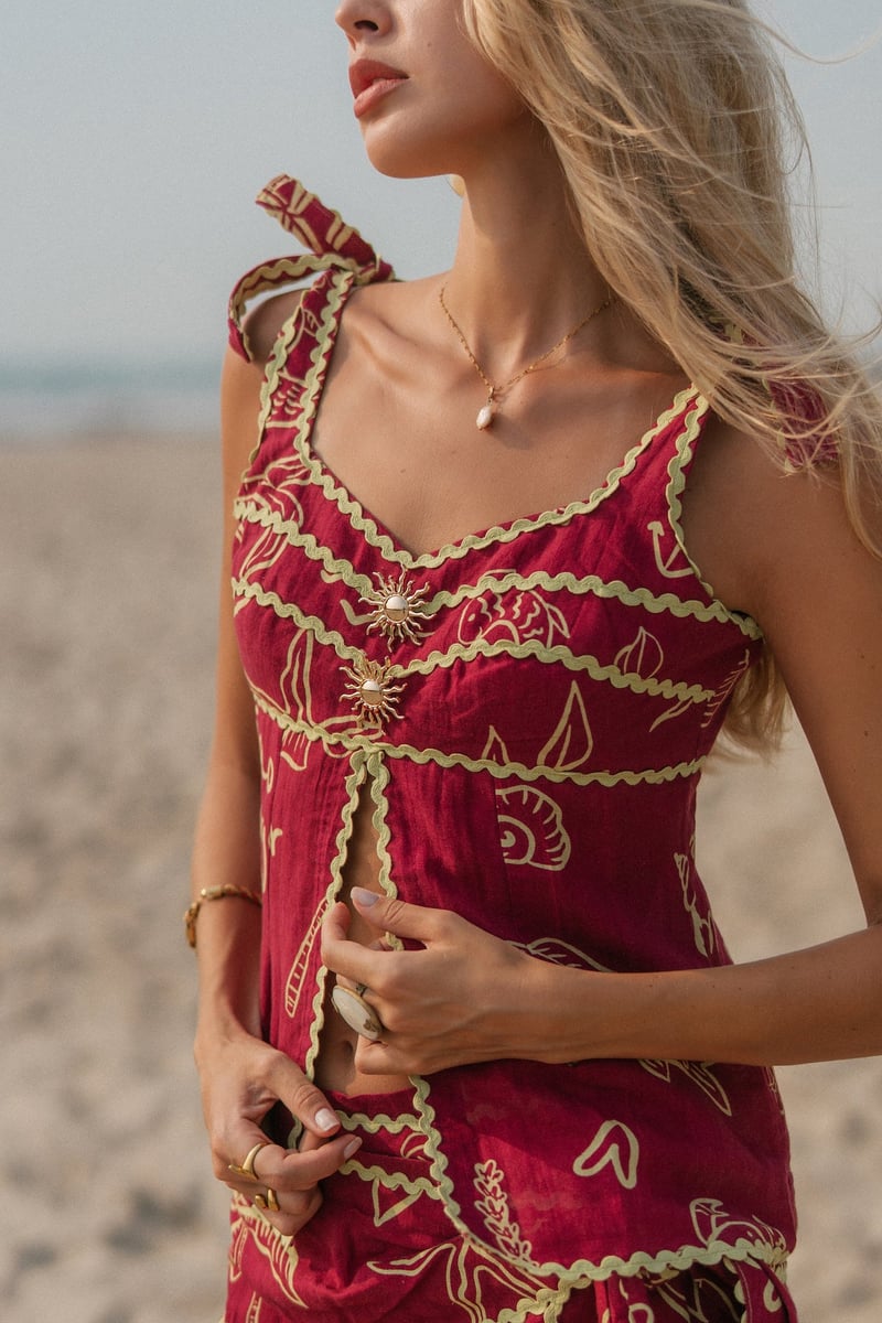 Red Graphic Printed Linen Tie-Up Cami Top