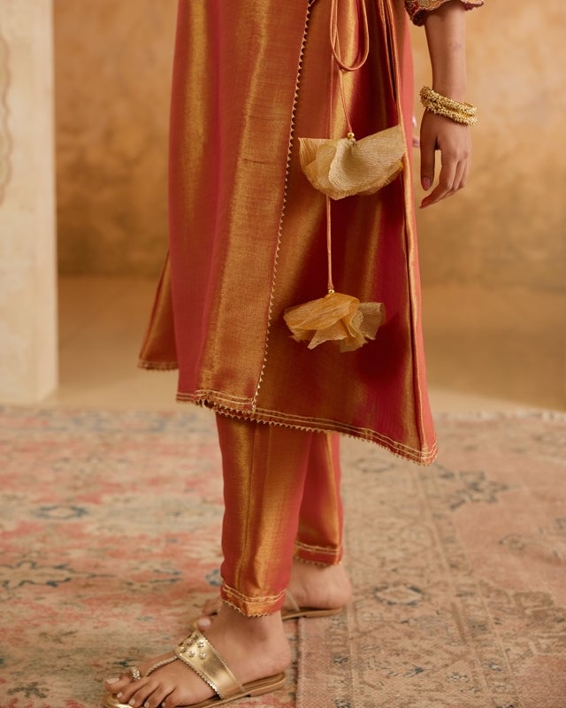 Rosy Zari Chevron Tissue Angrakha Kurta Set with Pants