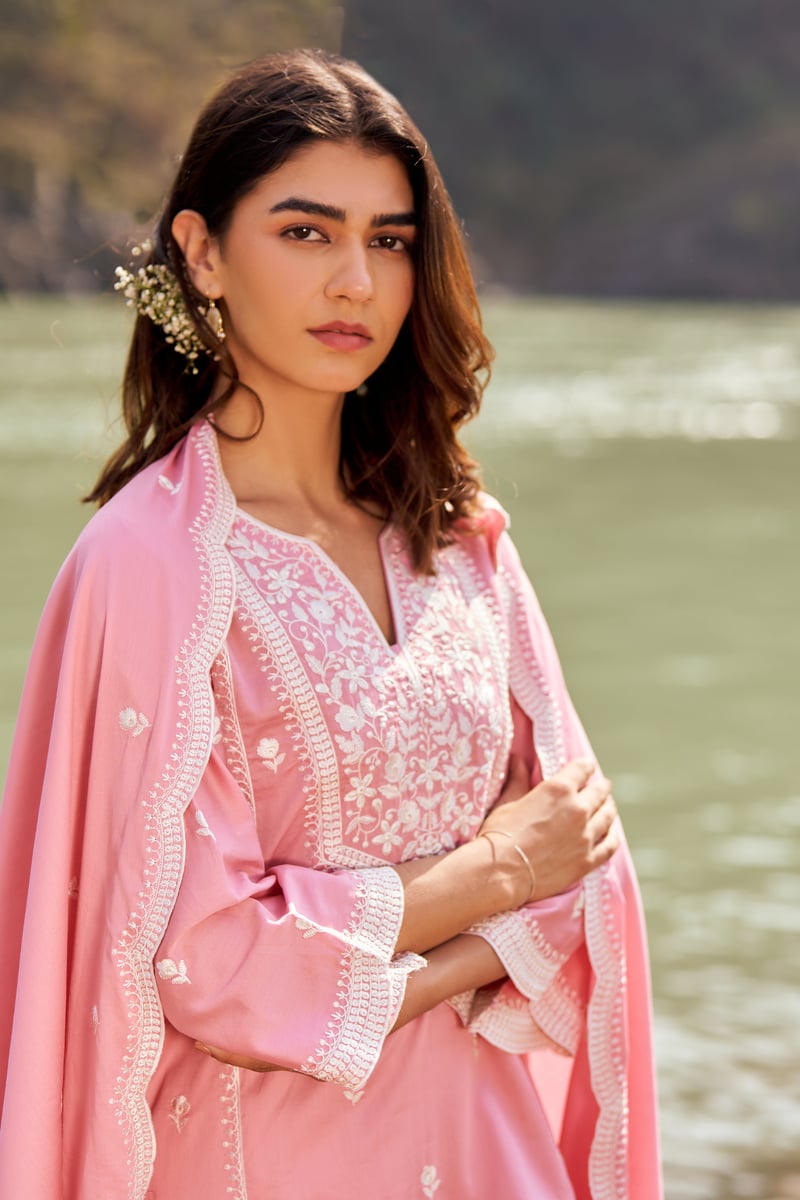 Pink Pure Cotton Embroidered Kurta Set with Dupatta
