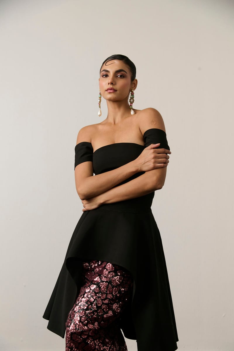 Black Off-Shoulder Corset High-Low Flared Top
