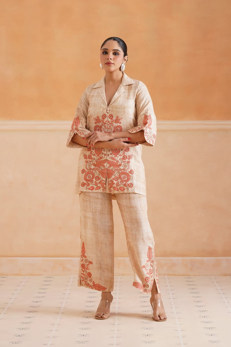 Beige Linen Embroidered Kurta and Pant Co-ord Set