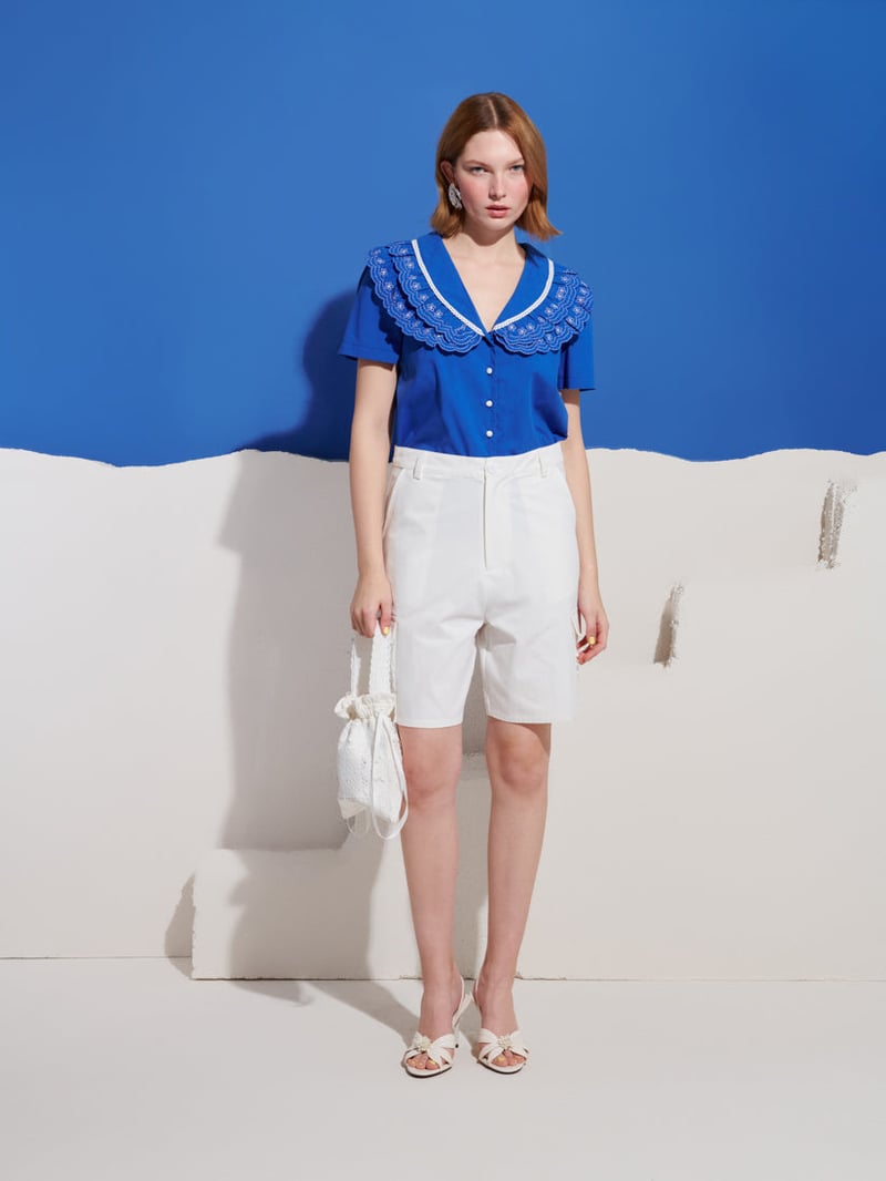Cobalt Blue Embroidered Ruffle Collar Button-Down Blouse