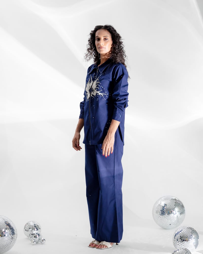 Navy Blue Zip-Front Shirt and Wide-Leg Pants Co-ord Set