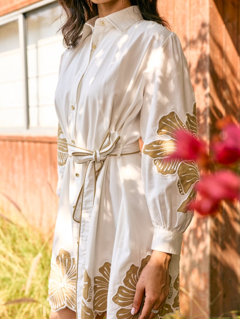 White Belted Floral Motif Mini Shirt Dress