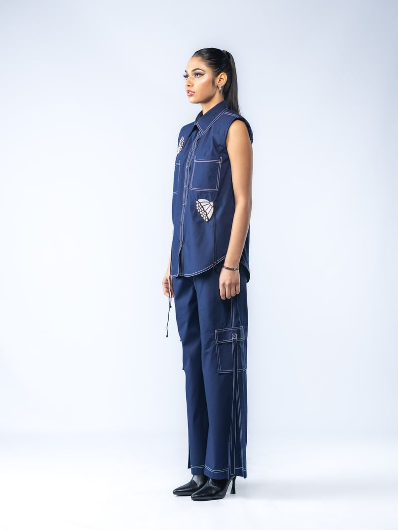 Navy Sleeveless Shirt and Wide-Leg Pants Co-ord Set