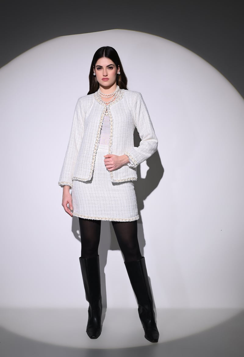 White Vintage Pearl Skirt and Jacket Set