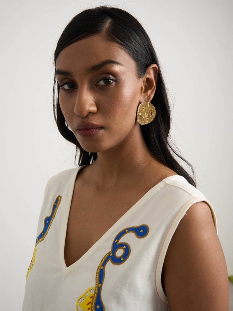 Off White Canvas Shift Dress with Multicolour Patchwork Motifs