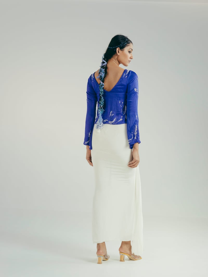 Blue Embellished Jacket Top and Draped Maxi Skirt Co-ord
