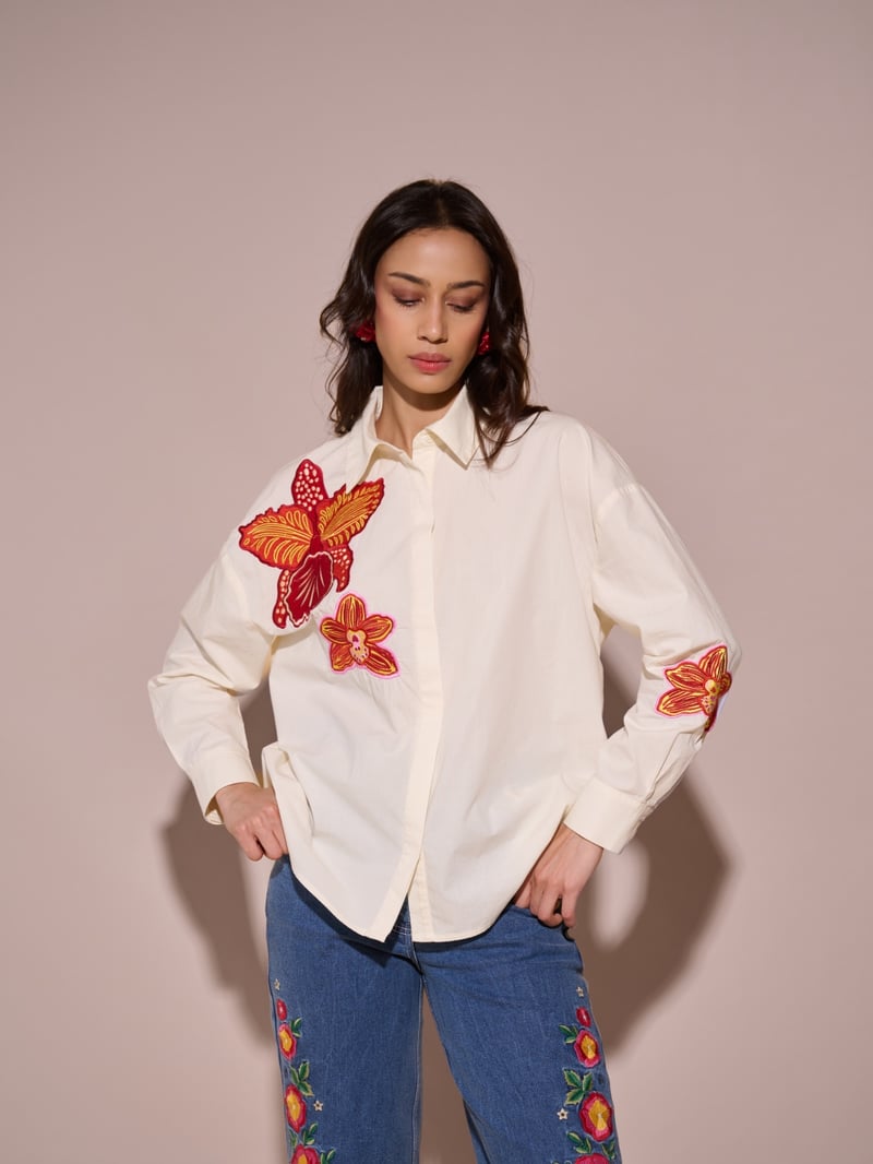 Off-White Floral Applique Button-Down Shirt