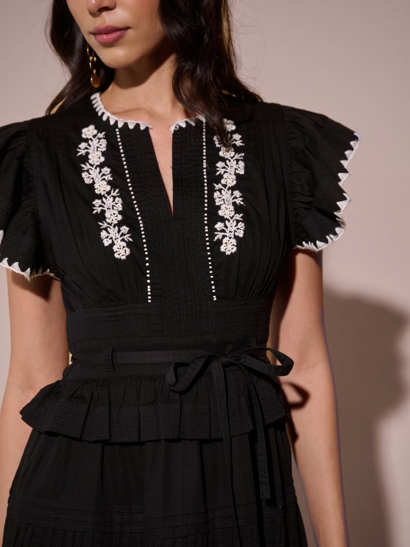 Black Embroidered Fit and Flare Midi Dress
