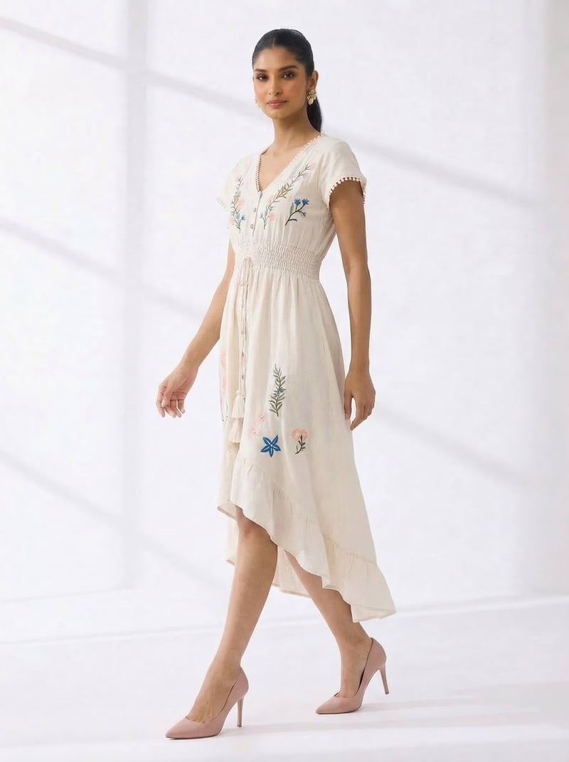 Natural Embroidered Smocked Waist Midi Dress