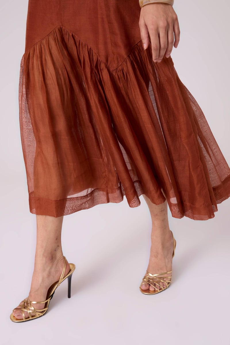 Copper Sleeveless A-Line Tiered Midi Dress