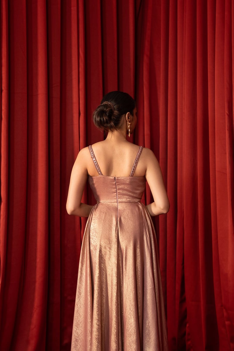 Dusty Rose Pink Shimmer Sweetheart Maxi Gown