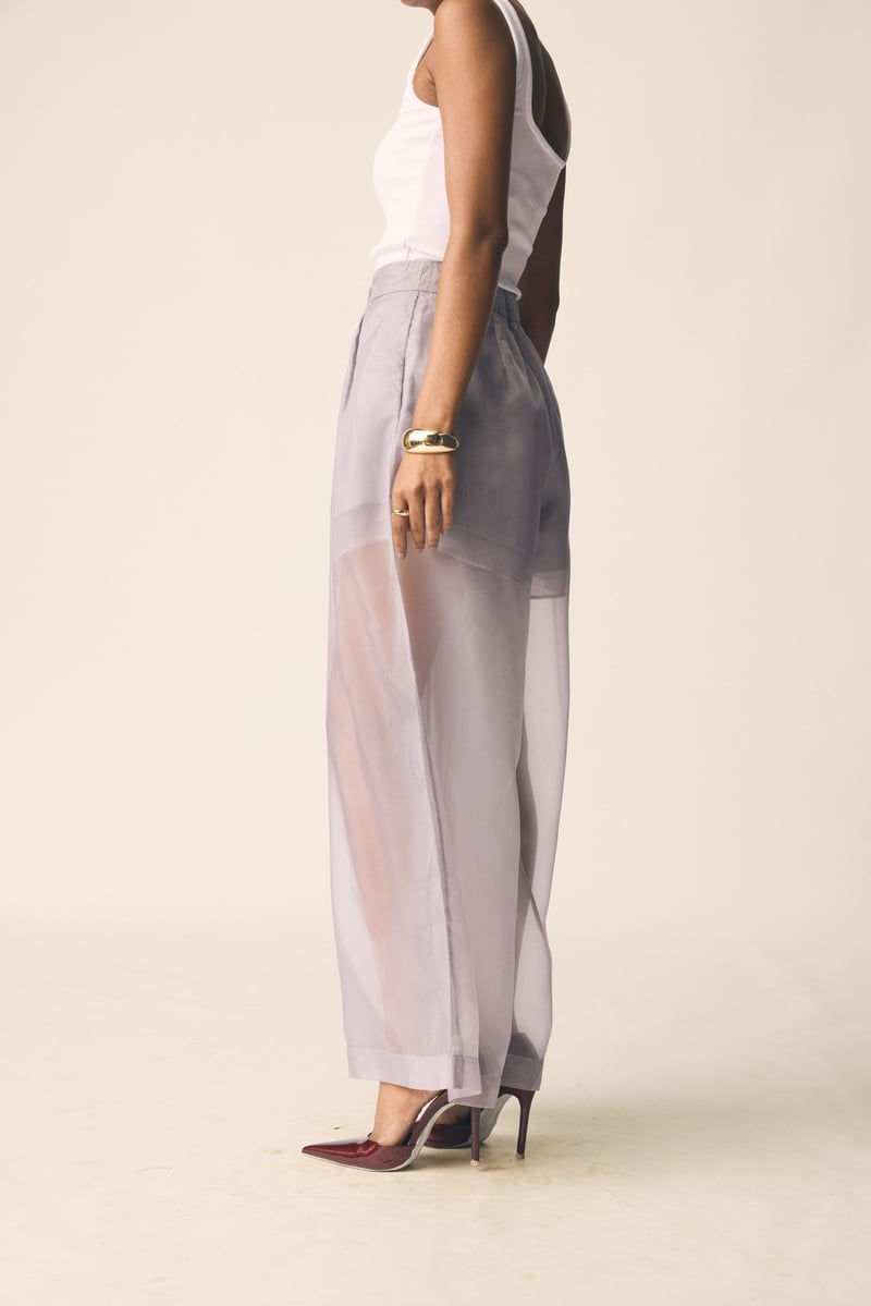 Grey Layered Organza Wide-Leg Pants