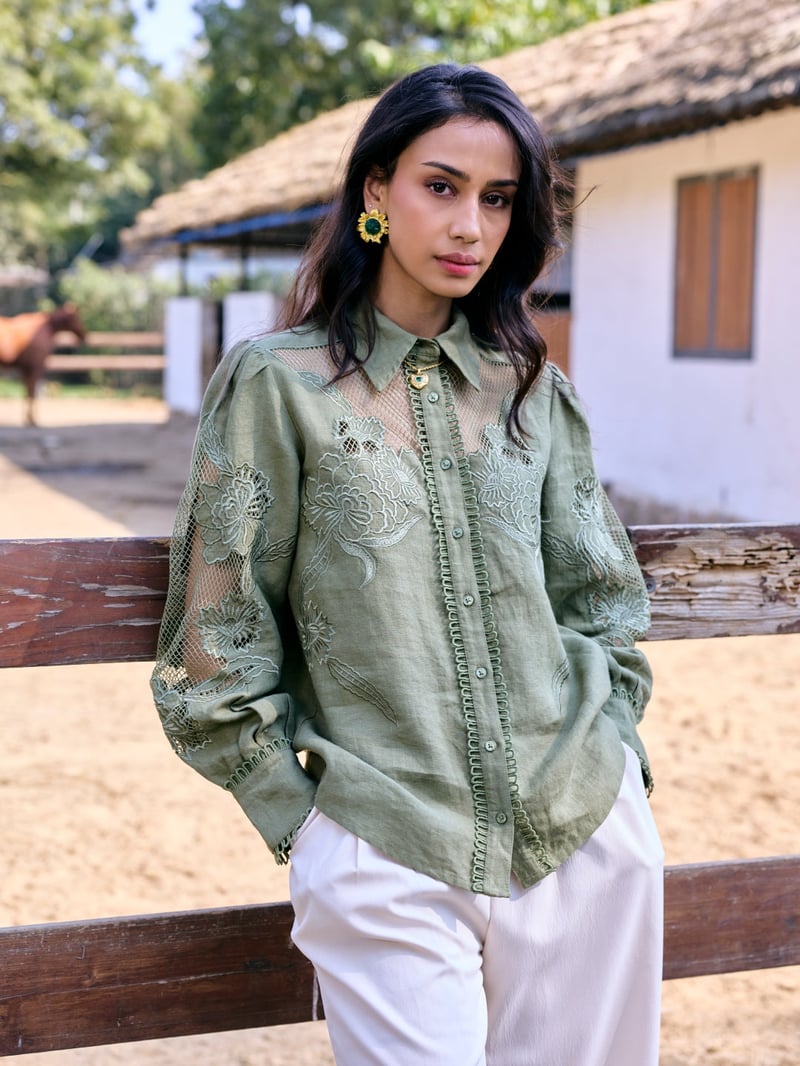 Green Linen Shirt with Sheer Lace Yoke and Sleeves