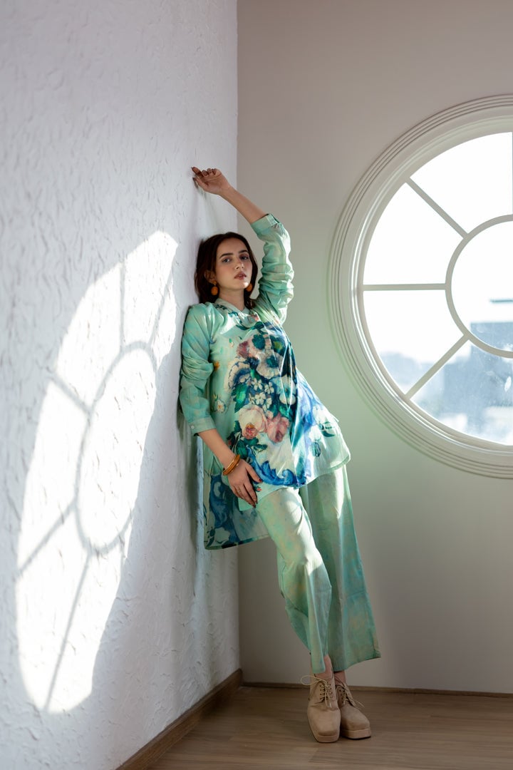 Aqua Green Printed Shirt and Pant Co-ord Set