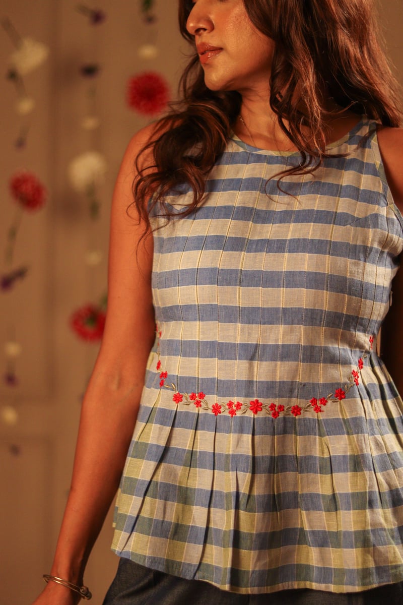 Blue and White Checked Linen Peplum Top with Embroidery