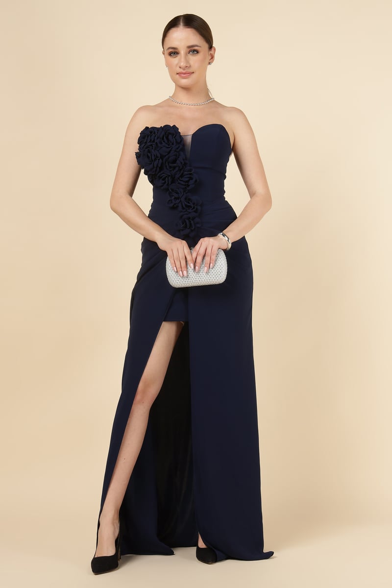 Blue Strapless Sweetheart Maxi Gown with Floral Applique — NAZELLA