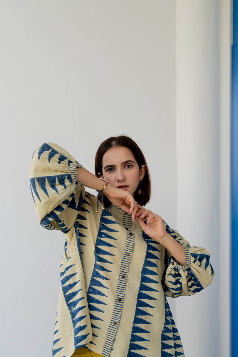 White and Indigo Block Print Cotton Button-Front Top