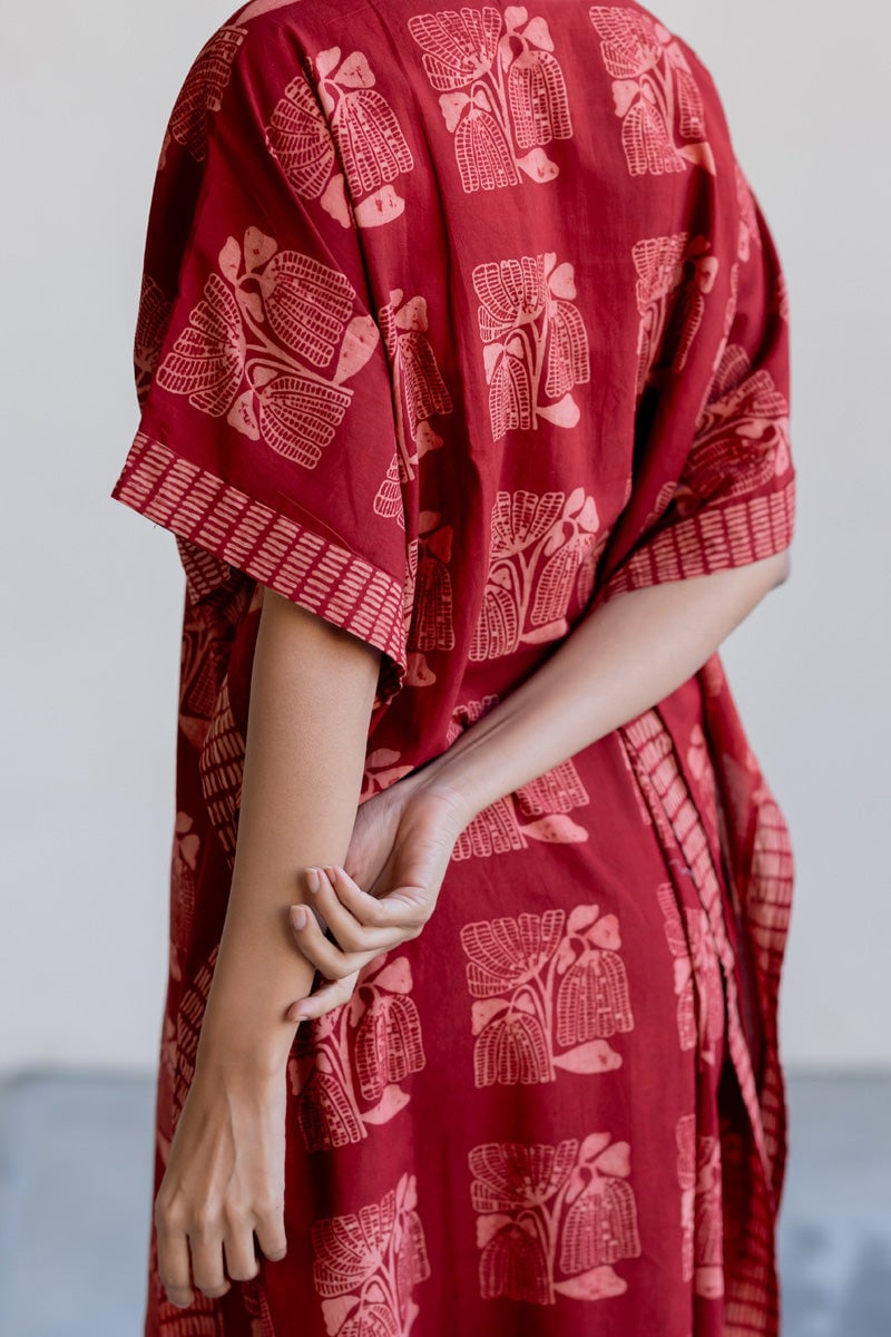 Red Hand Block Printed Cotton Midi Kaftan