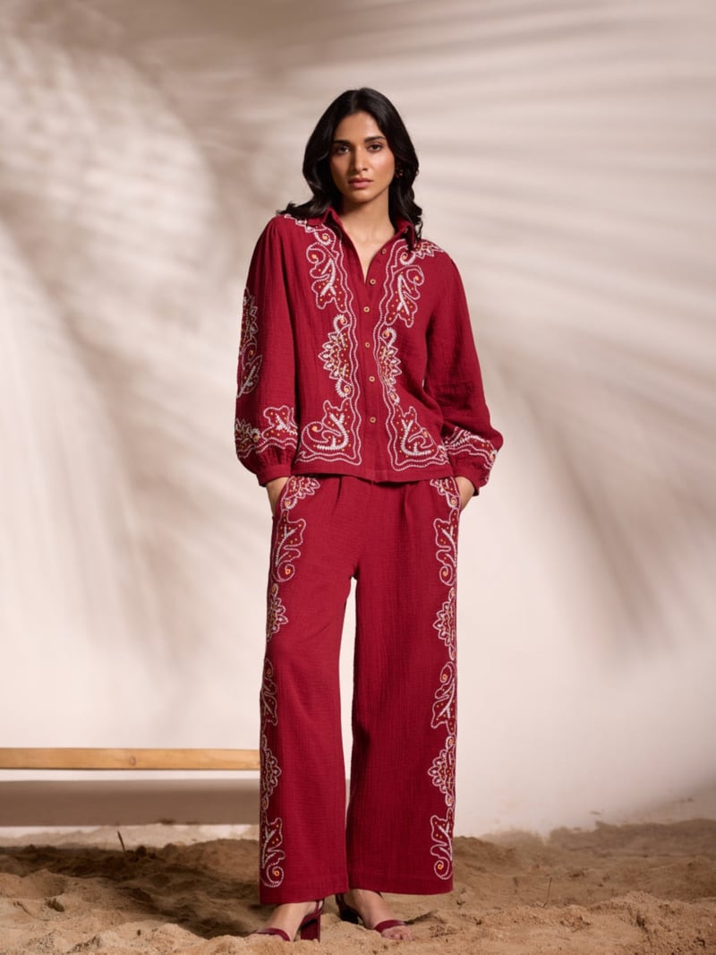 Maroon Embroidered Wide-Leg Cotton Trousers
