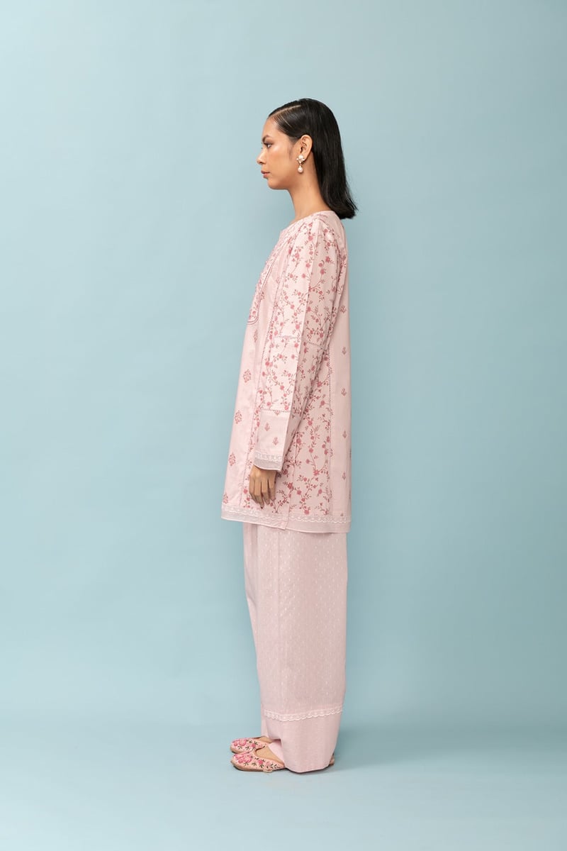 Baby Pink Tonal Floral Print Kurta Set with Organza Sleeves