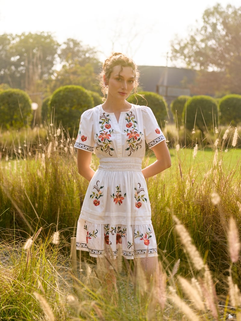White Cotton Floral Embroidered Tiered Knee-Length Dress
