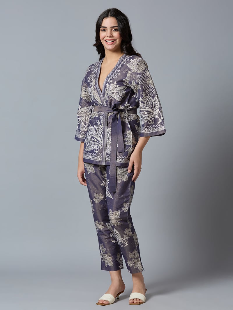 Navy Metallic Floral Printed Straight-Leg Trousers