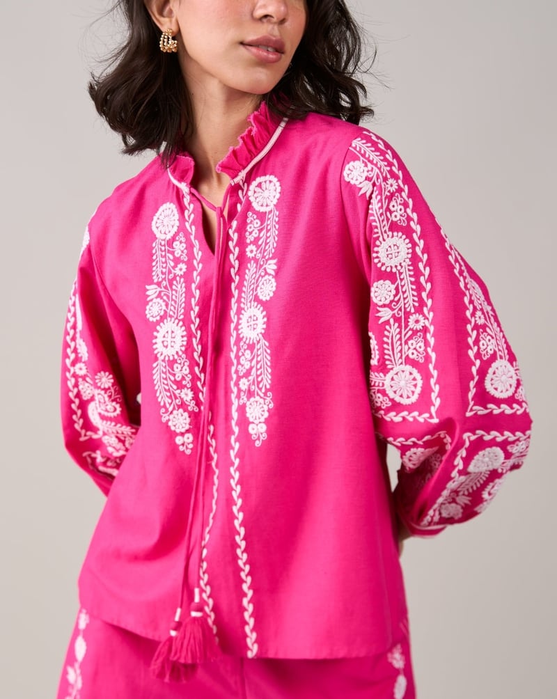 Pink Embroidered Longline Tie-Up Tunic Top