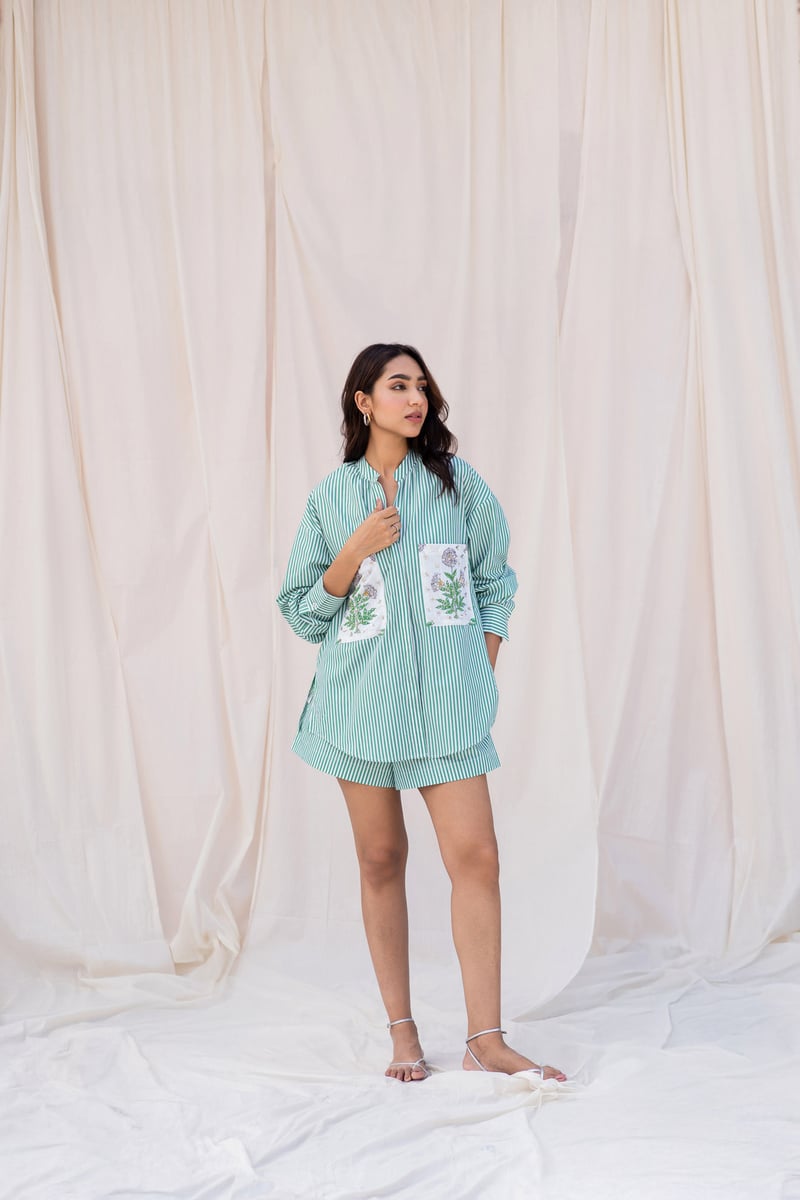 Green and White Striped Oversized Shirt with Embroidered Pockets