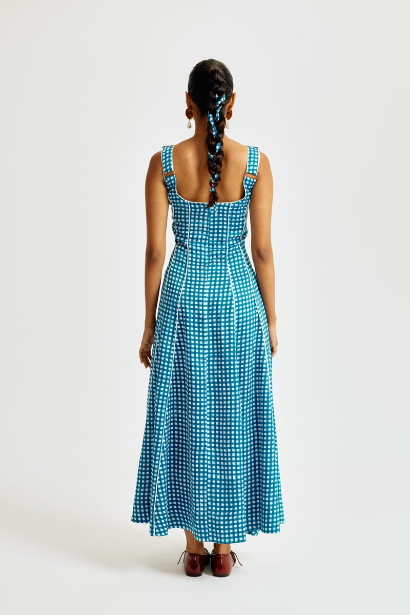 Blue and White Checked Fit and Flare Midi Dress