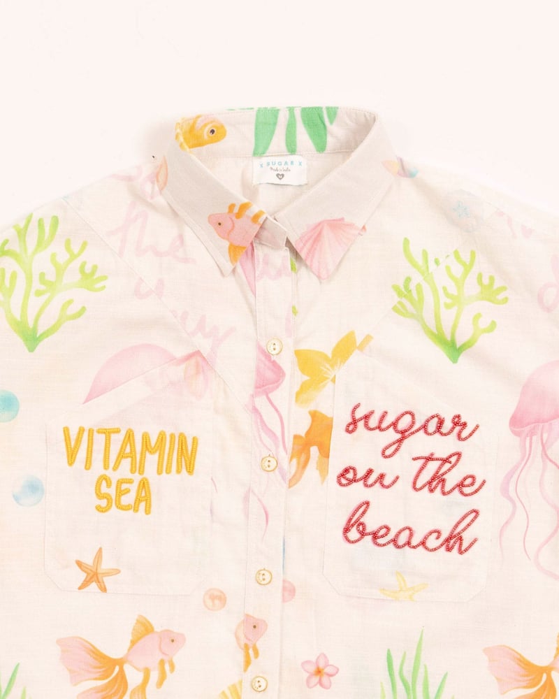 White Linen Beach Print Button-Down Shirt