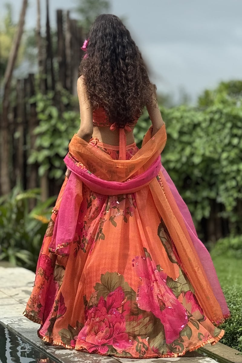 Orange Floral Organza Lehenga Set with Tie-Back Choli