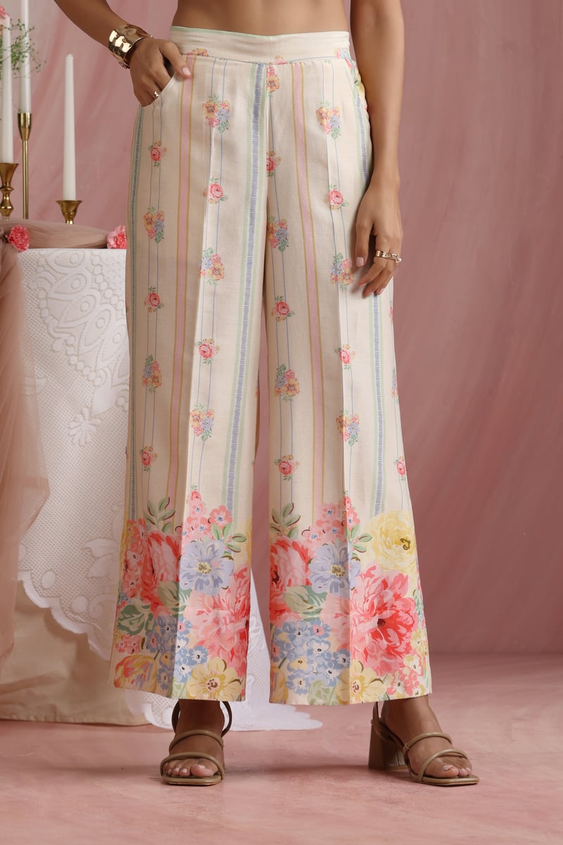 Ivory Floral Printed A-Line Kurta Set with Wide-Leg Trousers